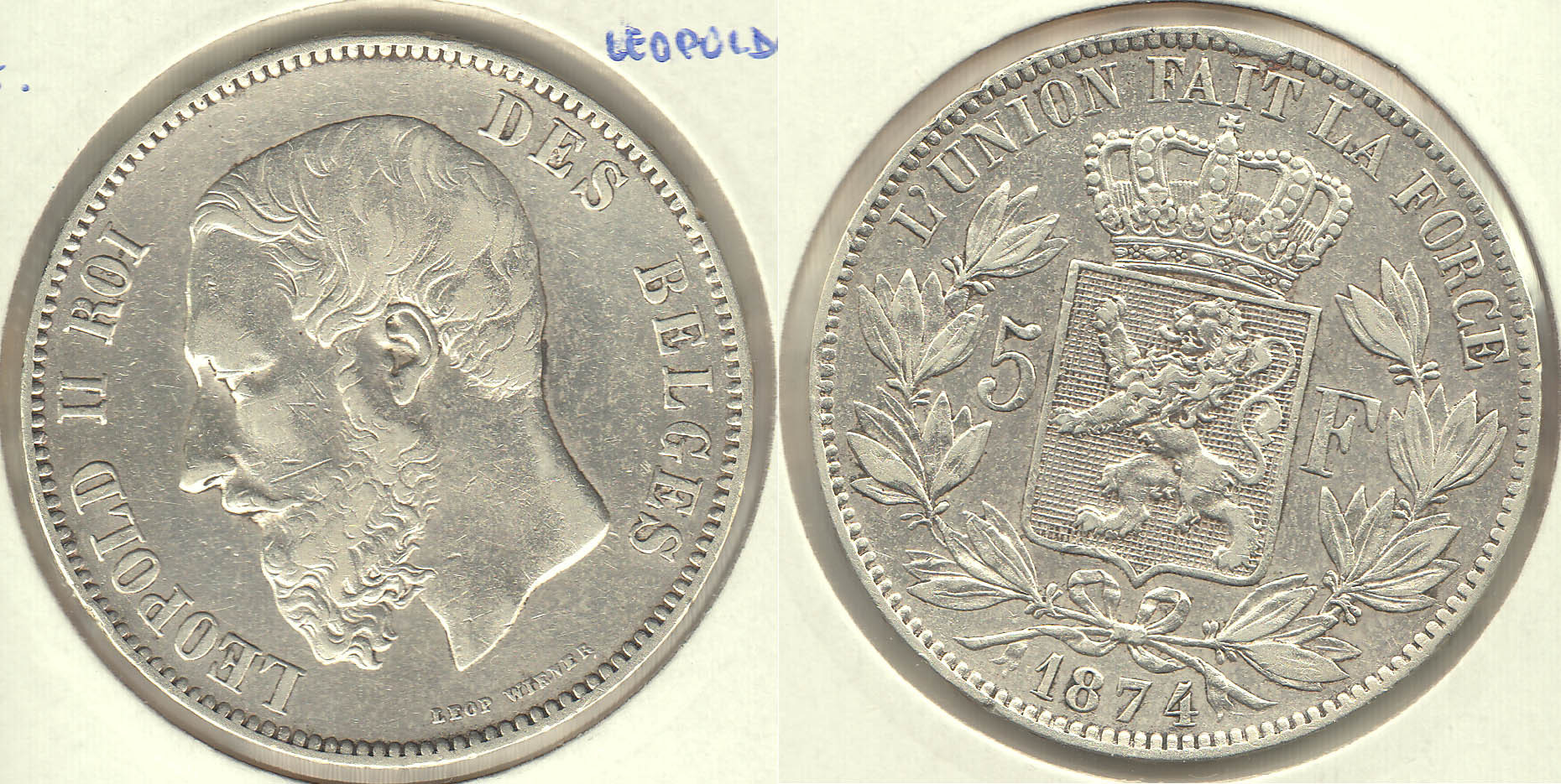BELGICA - BELGIUM. 5 FRANCOS (FRANCS) DE 1874. PLATA 0.900.