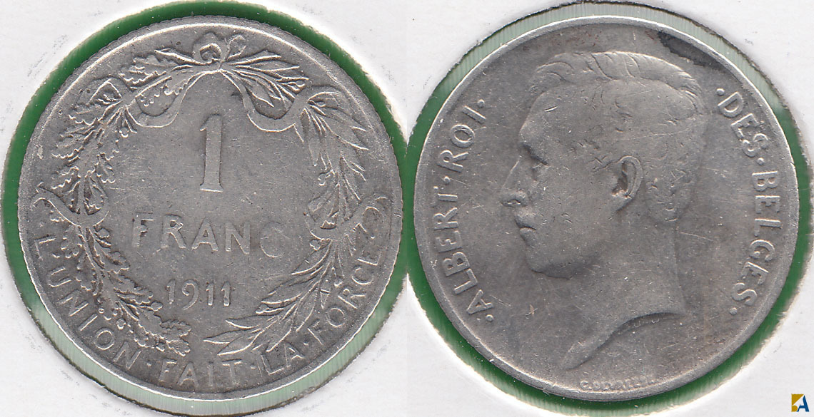 BELGICA - BELGIUM. 1 FRANCO (FRANC) DE 1911. PLATA 0.835.