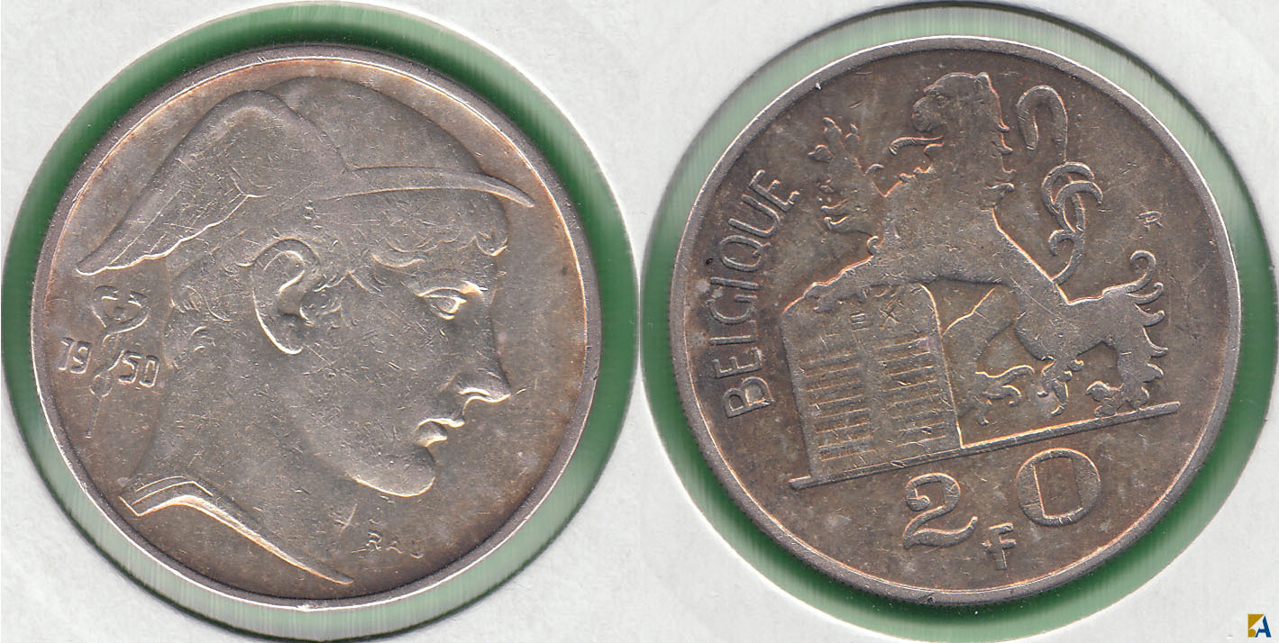 BELGICA - BELGIUM. 20 FRANCOS (FRANCS) DE 1950. PLATA 0.835.