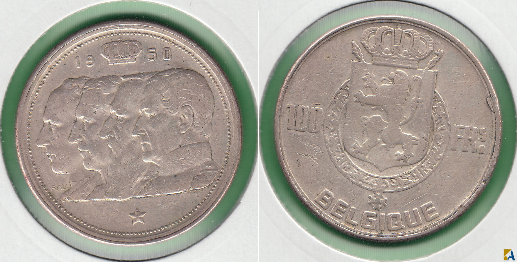 BELGICA - BELGIUM. 100 FRANCOS (FRANCS) DE 1950. PLATA 0.835.