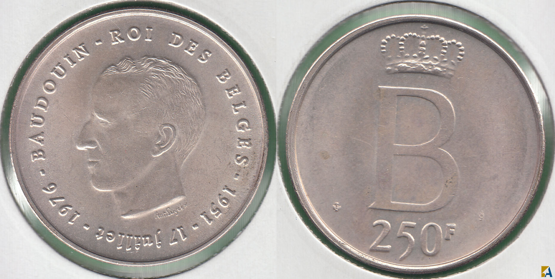 BELGICA - BELGIUM. 250 FRANCOS (FRANCS) DE 1976. PLATA 0.835.