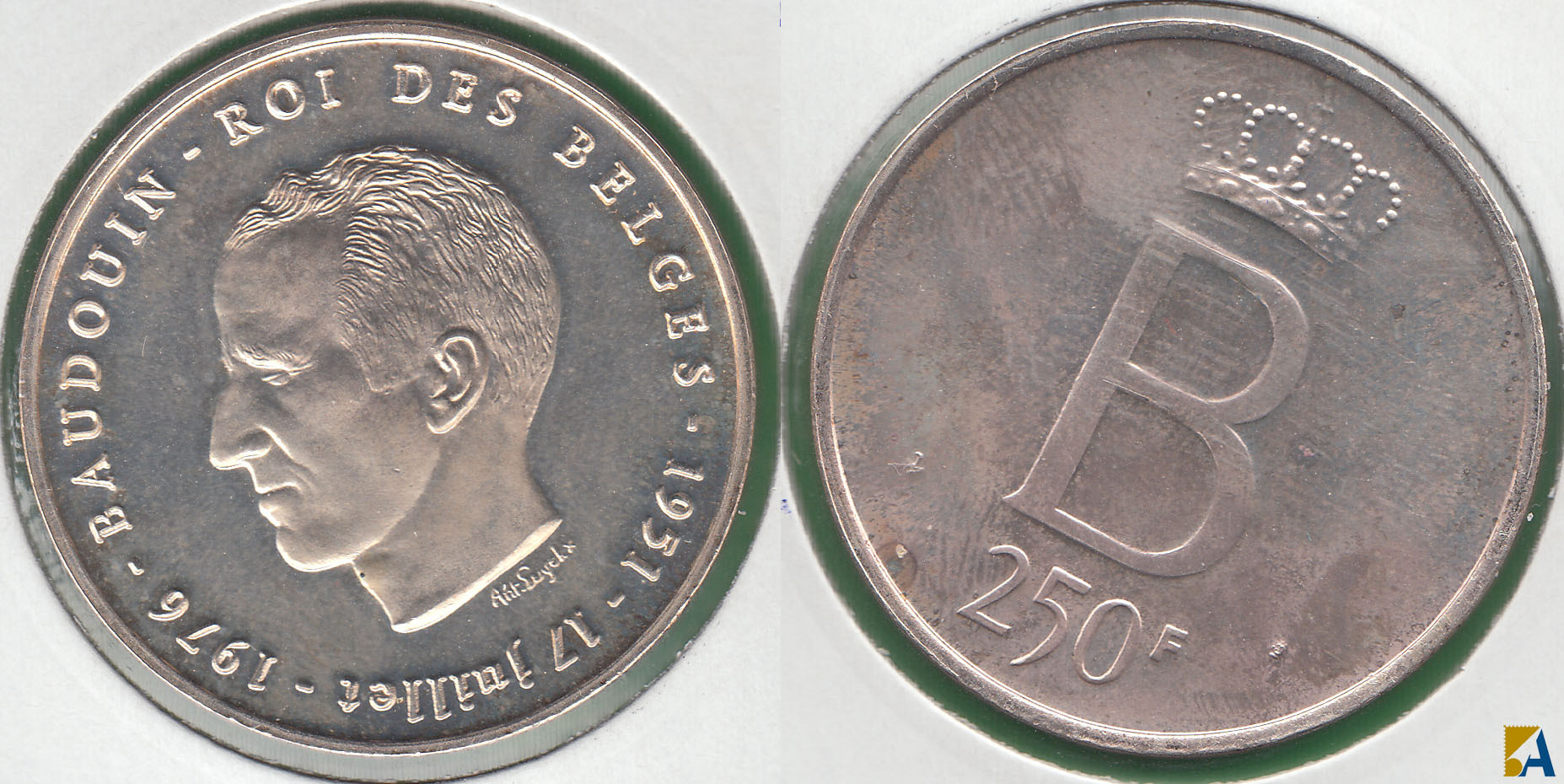 BELGICA - BELGIUM. 250 FRANCOS (FRANCS) DE 1976. PLATA 0.835. (2)