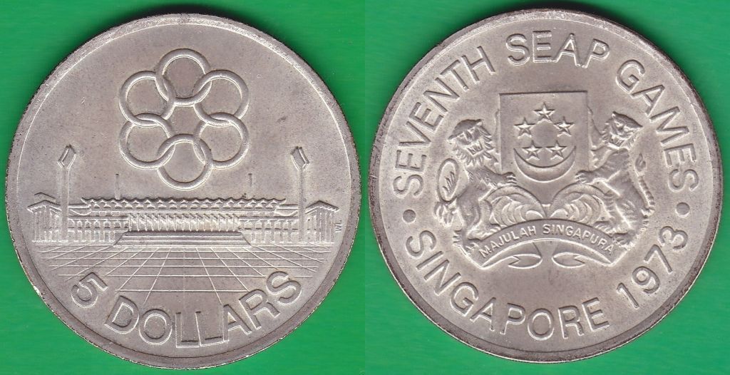 SINGAPUR - SINGAPORE. 5 DOLARES (DOLLARS) DE 1973. PLATA 0.500.