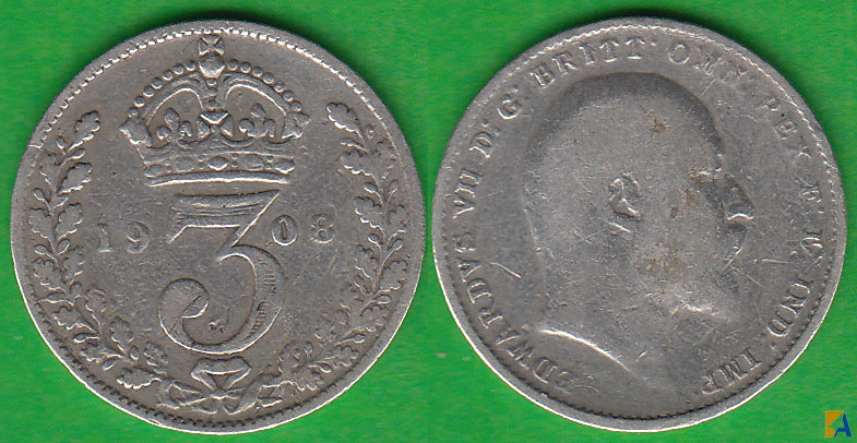 GRAN BRETAÑA - GREAT BRITAIN. 3 PENIQUES (PENCE) DE 1908. PLATA 0.925.