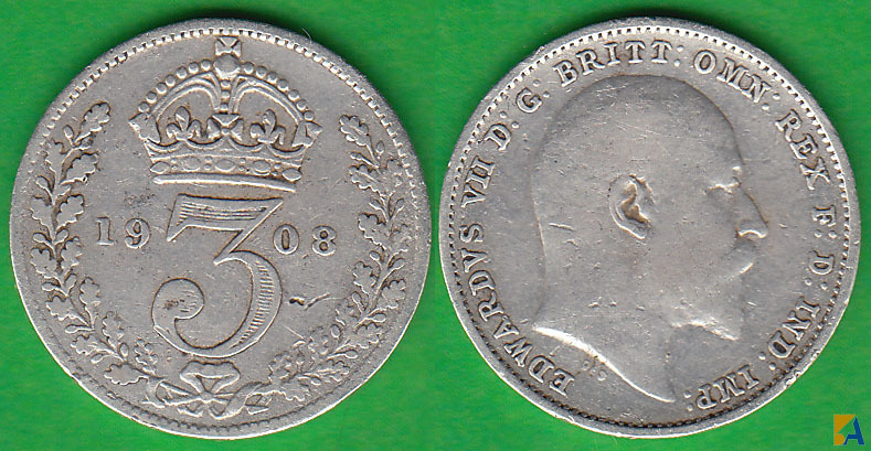 GRAN BRETAÑA - GREAT BRITAIN. 3 PENIQUES (PENCE) DE 1908. PLATA 0.925. (2)