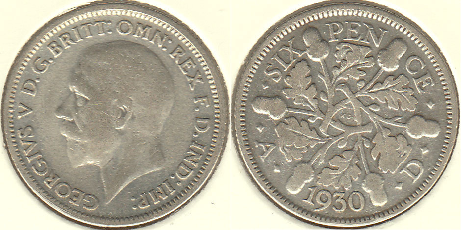 GRAN BRETAÑA - GREAT BRITAIN. 6 PENIQUES (PENCE) DE 1930. PLATA 0.500.