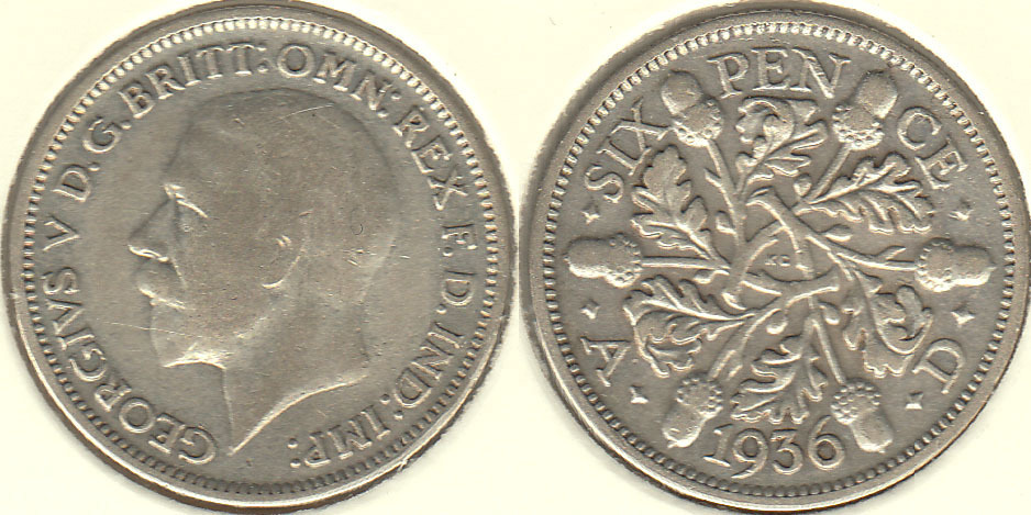 GRAN BRETAÑA - GREAT BRITAIN. 3 PENIQUES (PENCE) DE 1936. PLATA 0.500.