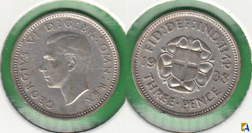 GRAN BRETAÑA - GREAT BRITAIN. 3 PENIQUES (PENCE) DE 1938. PLATA 0.500.