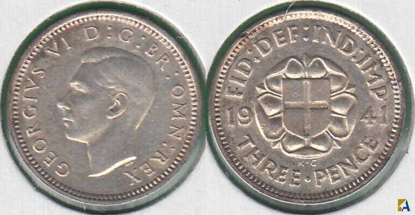 GRAN BRETAÑA - GREAT BRITAIN. 3 PENIQUES (PENCE) DE 1941. PLATA 0.500.