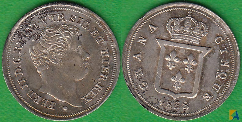 NAPOLES Y SICILIA. 5 GRANA DE 1838. PLATA 0.835.