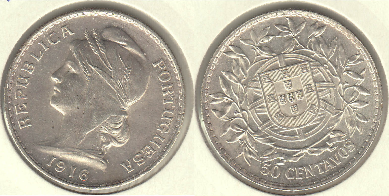 PORTUGAL. 50 CENTAVOS DE 1916. PLATA 0.835.