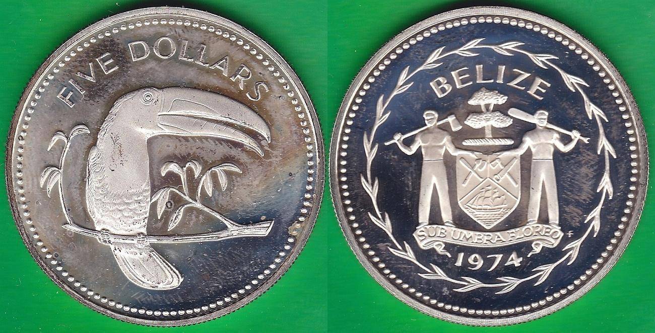 BELIZE. 5 DOLARES (DOLLARS) DE 1974. PLATA 0.925.