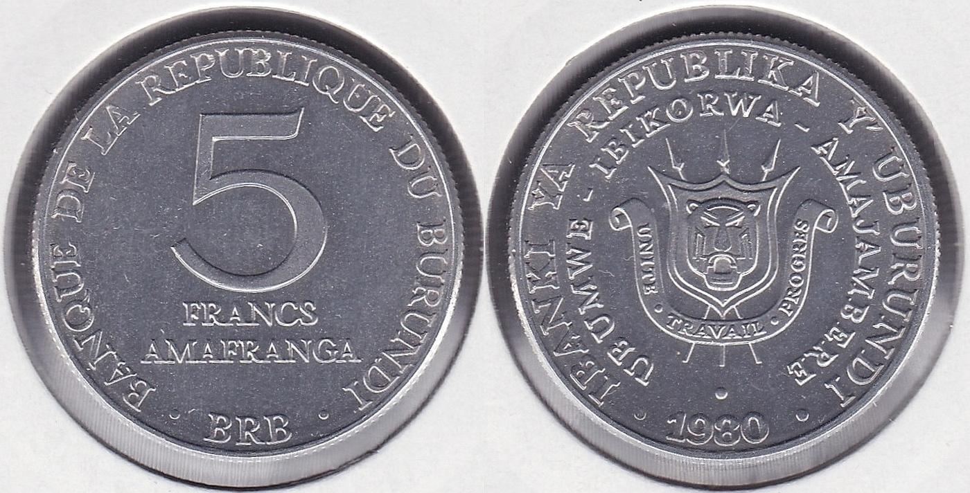 BURUNDI. 5 FRANCOS (FRANCS) DE 1980.