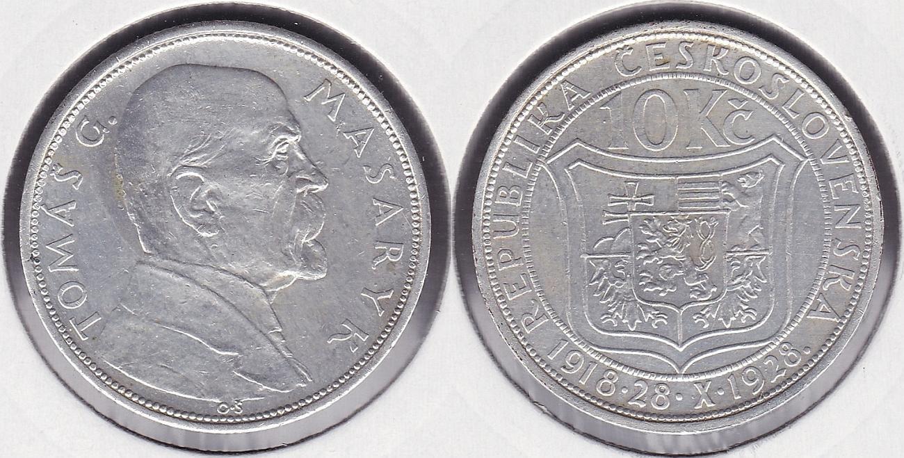 CHECOSLOVAQUIA - CZECHOSLOVAKIA. 10 CORONAS (KORUN) DE 1928. PLATA 0.700.