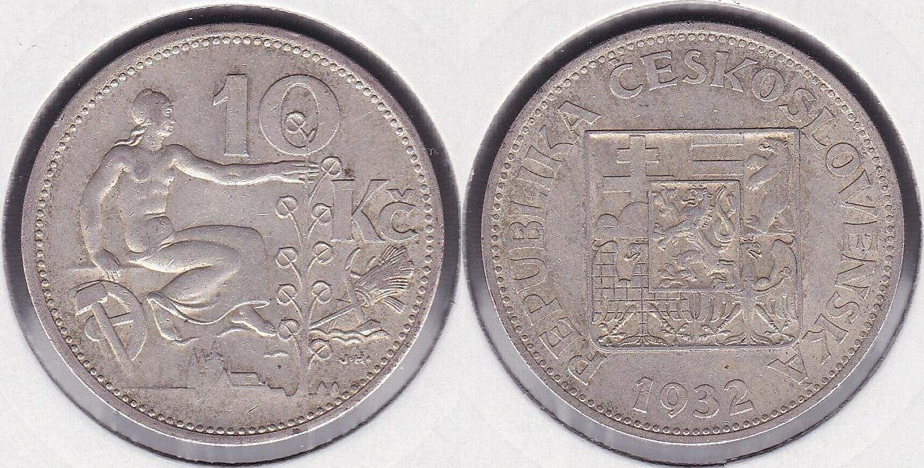 CHECOSLOVAQUIA - CZECHOSLOVAKIA. 10 CORONAS (KORUN) DE 1932. PLATA 0.700.