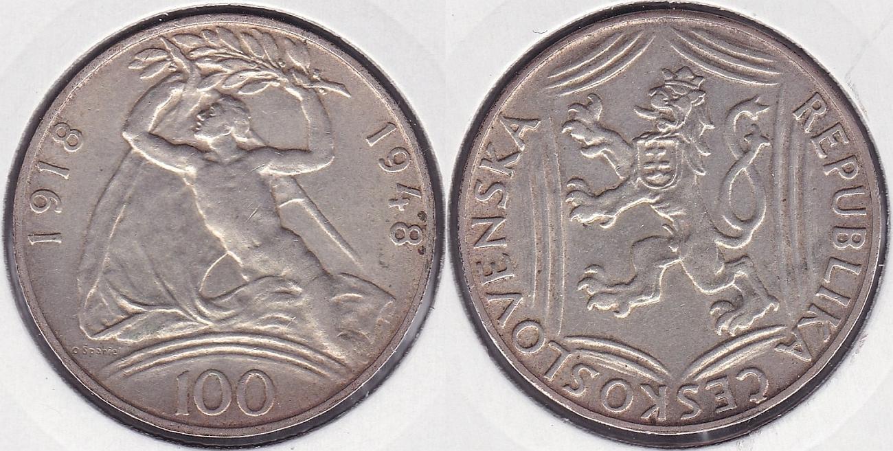 CHECOSLOVAQUIA - CZECHOSLOVAKIA. 100 CORONAS (KORUN) DE 1948. PLATA 0.500. (2)