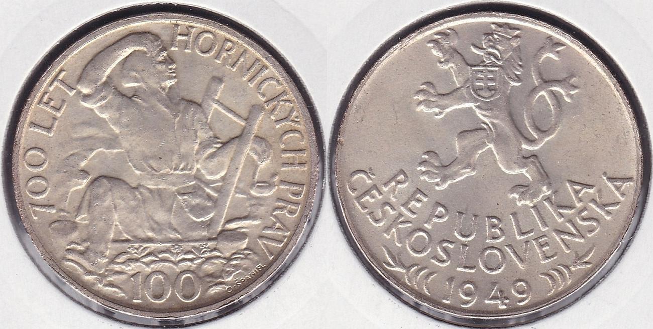 CHECOSLOVAQUIA - CZECHOSLOVAKIA. 100 CORONAS (KORUN) DE 1949. PLATA 0.500.