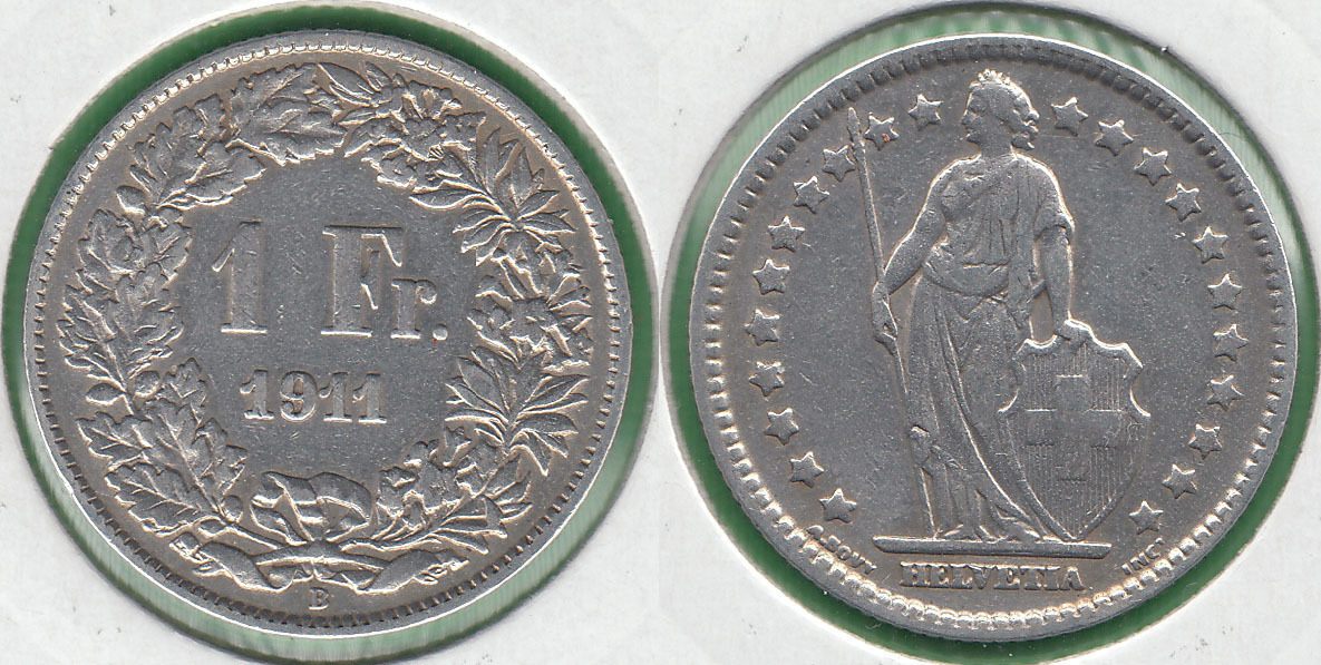 SUIZA - SWITZERLAND. 1 FRANCO (FRANC) DE 1911 B. PLATA 0.835.