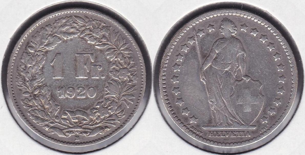 SUIZA - SWITZERLAND. 1 FRANCO (FRANC) DE 1920 B. PLATA 0.835.