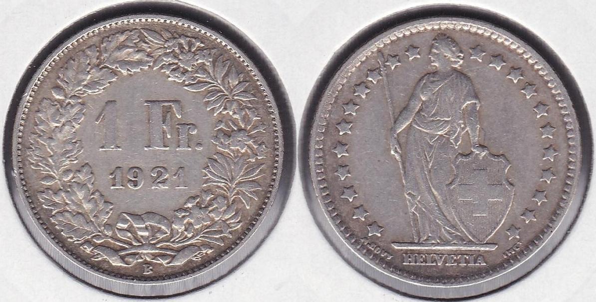 SUIZA - SWITZERLAND. 1 FRANCO (FRANC) DE 1921 B. PLATA 0.835.