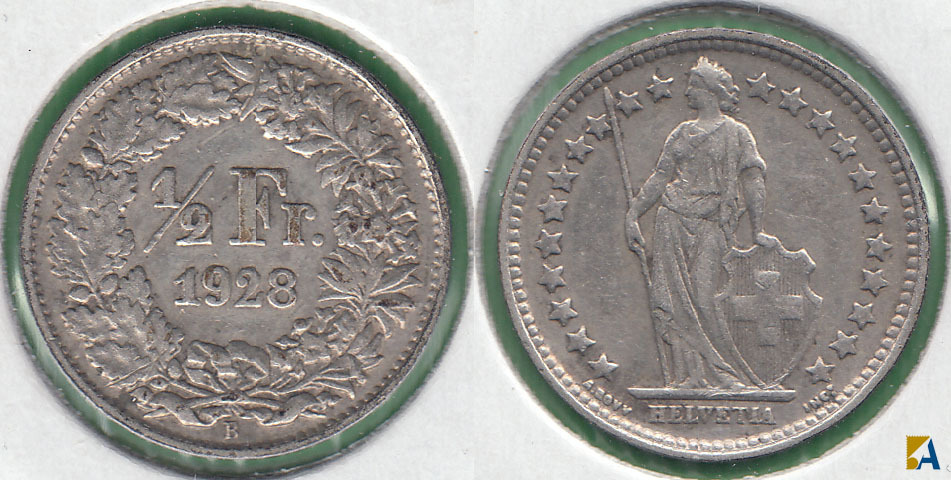 SUIZA - SWITZERLAND. 1/2 FRANCO (FRANC) DE 1928 B. PLATA 0.835.