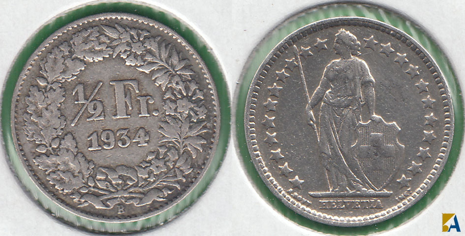 SUIZA - SWITZERLAND. 1/2 FRANCO (FRANC) DE 1934 B. PLATA 0.835.