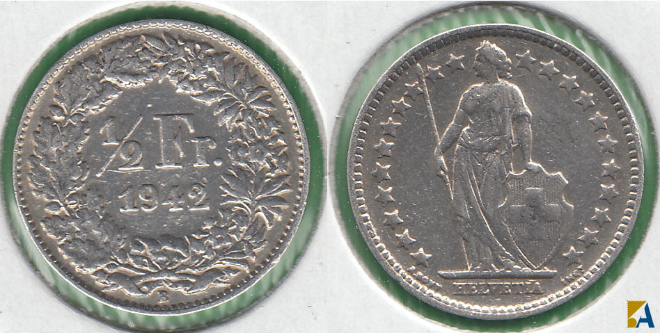 SUIZA - SWITZERLAND. 1/2 FRANCO (FRANC) DE 1942 B. PLATA 0.835.