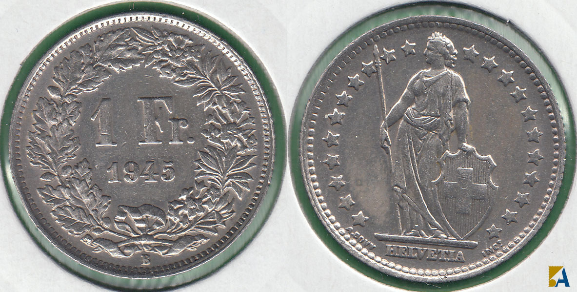 SUIZA - SWITZERLAND. 1 FRANCO (FRANC) DE 1944 B. PLATA 0.835.