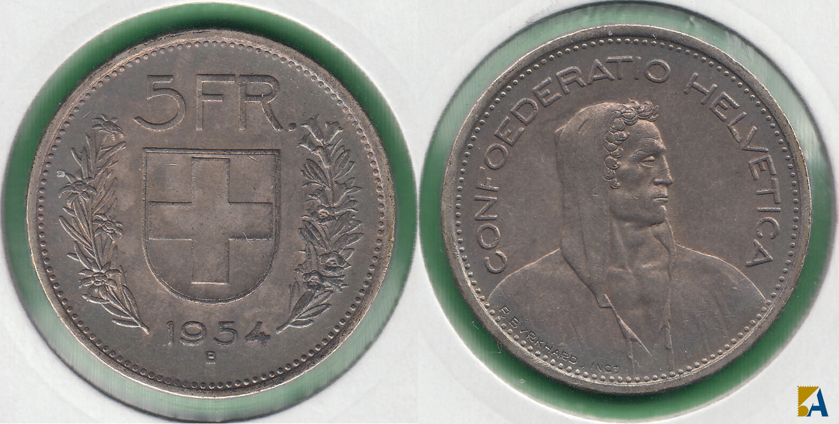 SUIZA - SWITZERLAND. 5 FRANCOS (FRANCS) DE 1954 B. PLATA 0.835. (2)