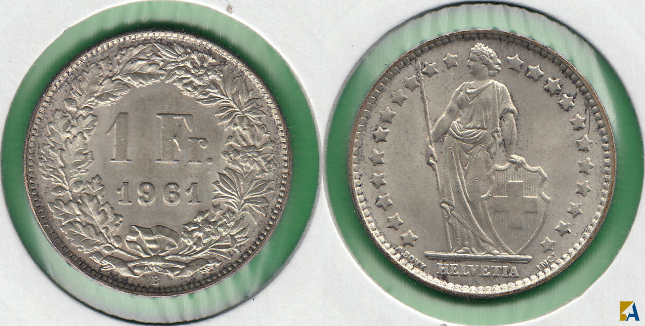 SUIZA - SWITZERLAND. 1 FRANCO (FRANC) DE 1961 B. PLATA 0.835.