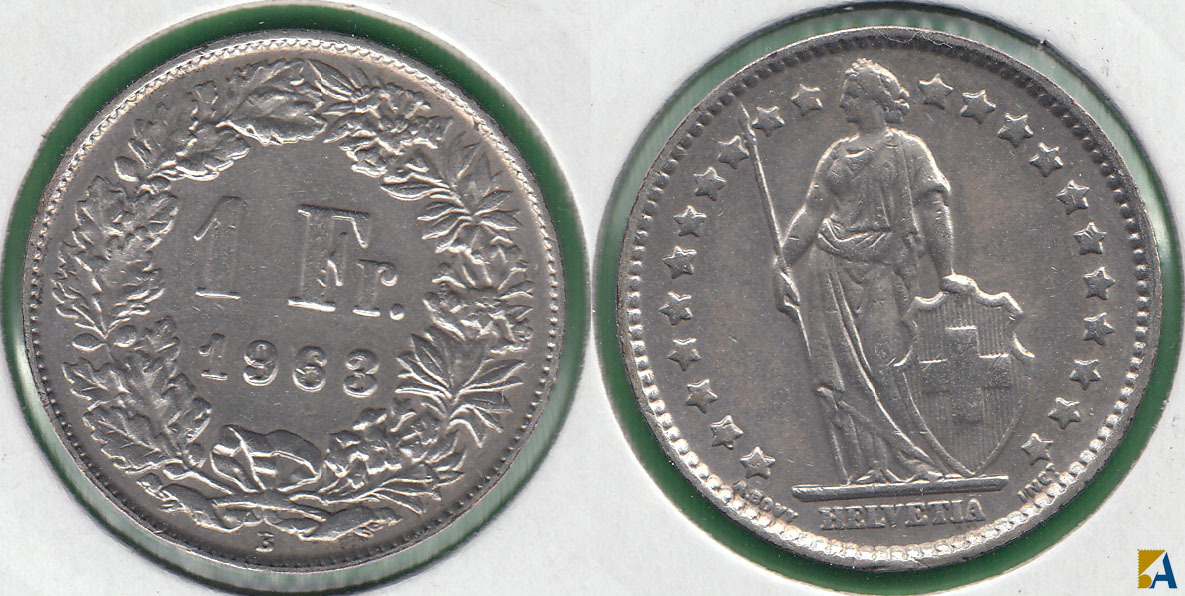 SUIZA - SWITZERLAND. 1 FRANCO (FRANC) DE 1963 B. PLATA 0.835.