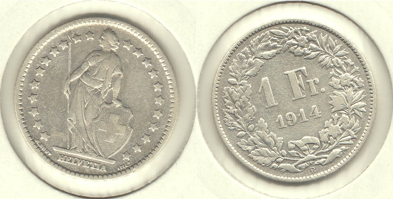 SUIZA - SWITZERLAND. 1 FRANCO (FRANC) DE 1914. PLATA 0.835.