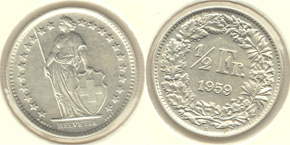 SUIZA - SWITZERLAND. 1/2 FRANCO (FRANC) DE 1959. PLATA 0.835. (2)