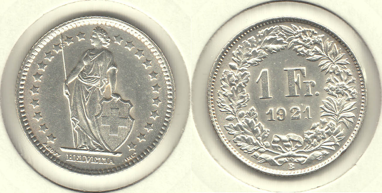 SUIZA - SWITZERLAND. 1 FRANCO (FRANC) DE 1921 B. PLATA 0.835.