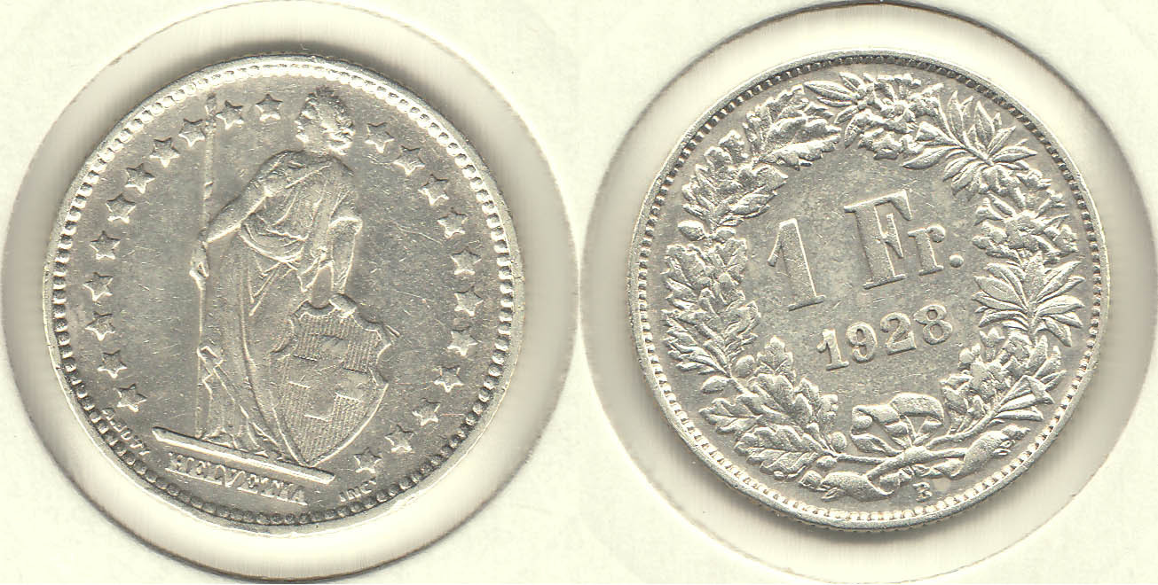 SUIZA - SWITZERLAND. 1 FRANCO (FRANC) DE 1928. PLATA 0.835.