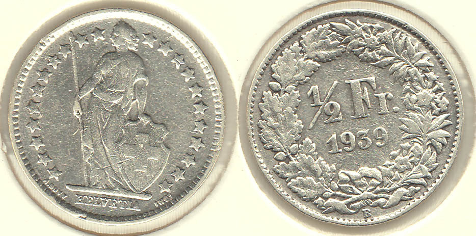 SUIZA - SWITZERLAND. 1/2 FRANCO (FRANC) DE 1939. PLATA 0.835.