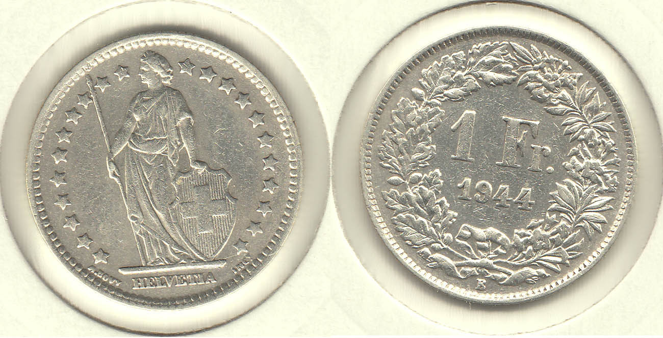 SUIZA - SWITZERLAND. 1 FRANCO (FRANC) DE 1944. PLATA 0.835.