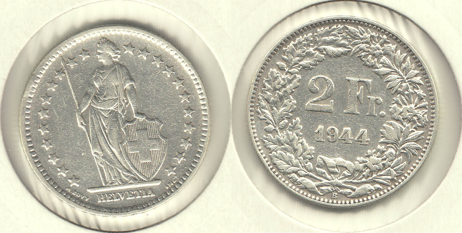 SUIZA - SWITZERLAND. 2 FRANCOS (FRANCS) DE 1944. PLATA 0.835.
