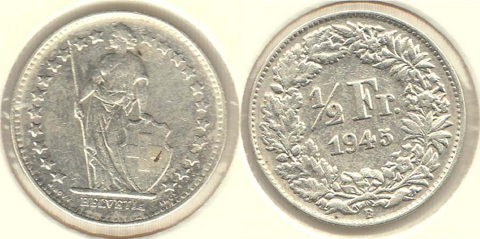 SUIZA - SWITZERLAND. 1/2 FRANCO (FRANC) DE 1945. PLATA 0.835.