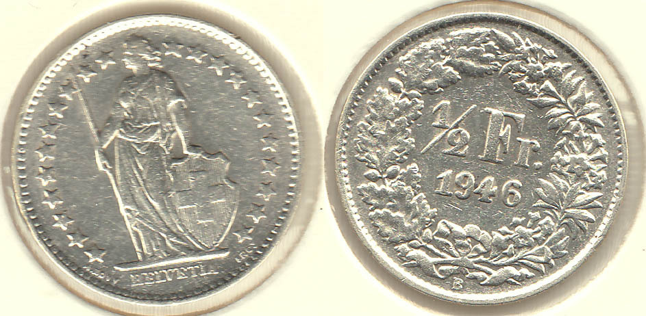 SUIZA - SWITZERLAND. 1/2 FRANCO (FRANC) DE 1946. PLATA 0.835.
