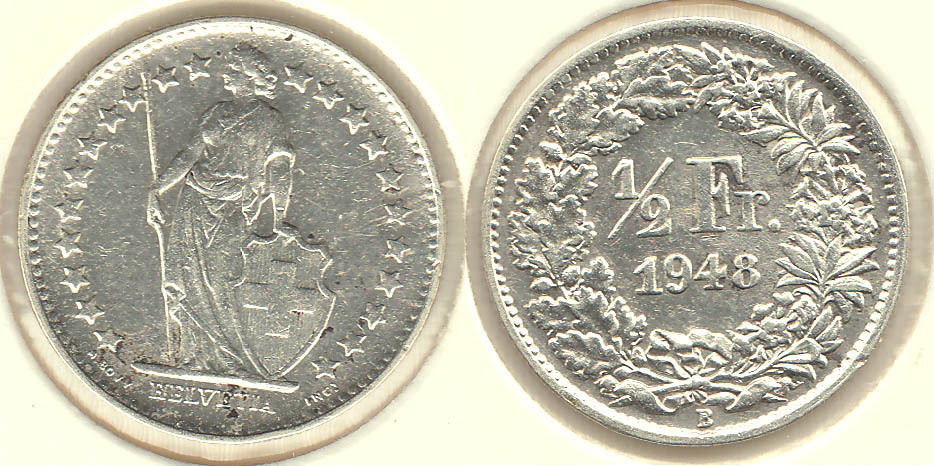 SUIZA - SWITZERLAND. 1/2 FRANCO (FRANC) DE 1948. PLATA 0.835.