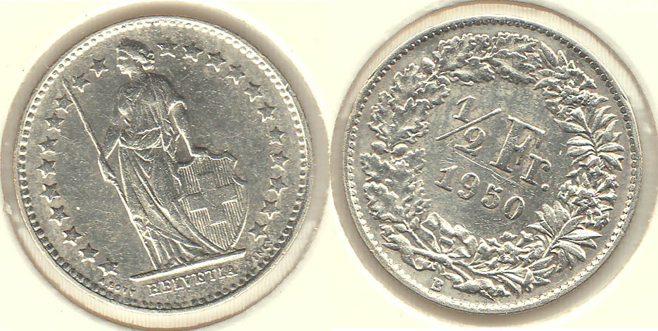 SUIZA - SWITZERLAND. 1/2 FRANCO (FRANC) DE 1950. PLATA 0.835.