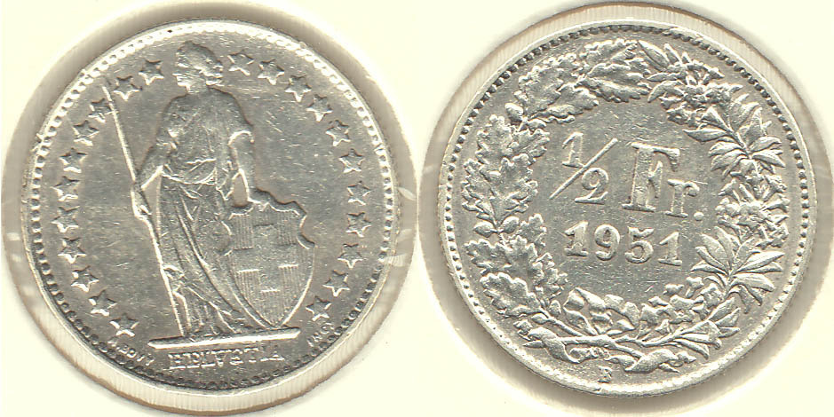 SUIZA - SWITZERLAND. 1/2 FRANCO (FRANC) DE 1951. PLATA 0.835.