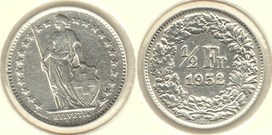 SUIZA - SWITZERLAND. 1/2 FRANCO (FRANC) DE 1952. PLATA 0.835.