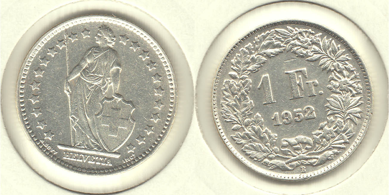 SUIZA - SWITZERLAND. 1 FRANCO (FRANC) DE 1952. PLATA 0.835.