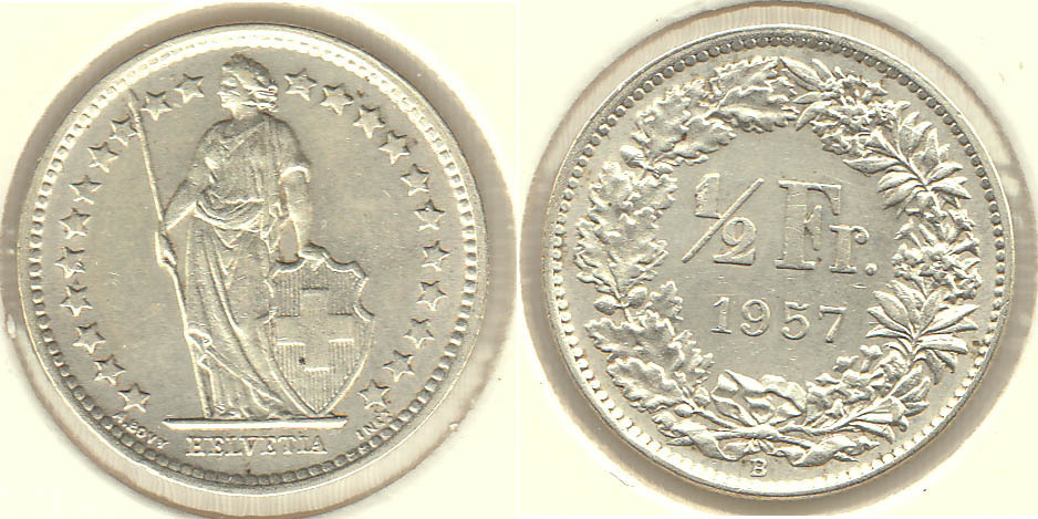 SUIZA - SWITZERLAND. 1/2 FRANCO (FRANC) DE 1957. PLATA 0.835.