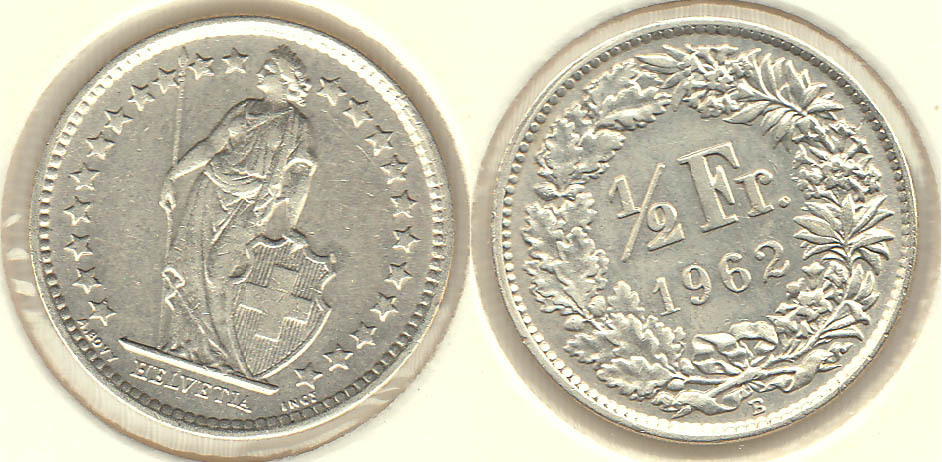 SUIZA - SWITZERLAND. 1/2 FRANCO (FRANC) DE 1962. PLATA 0.835.