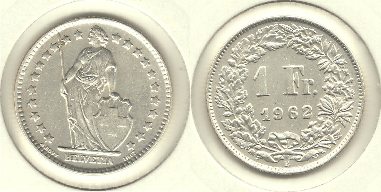 SUIZA - SWITZERLAND. 1 FRANCO (FRANC) DE 1962. PLATA 0.835.