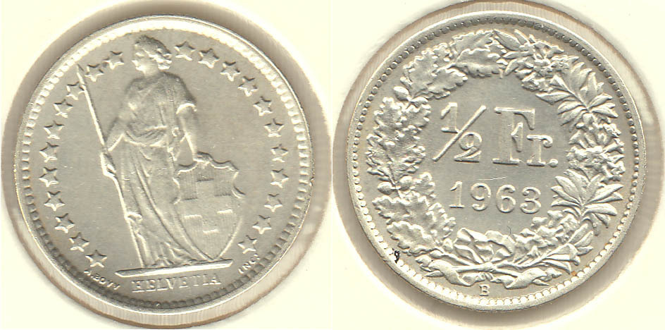 SUIZA - SWITZERLAND. 1/2 FRANCO (FRANC) DE 1963. PLATA 0.835.