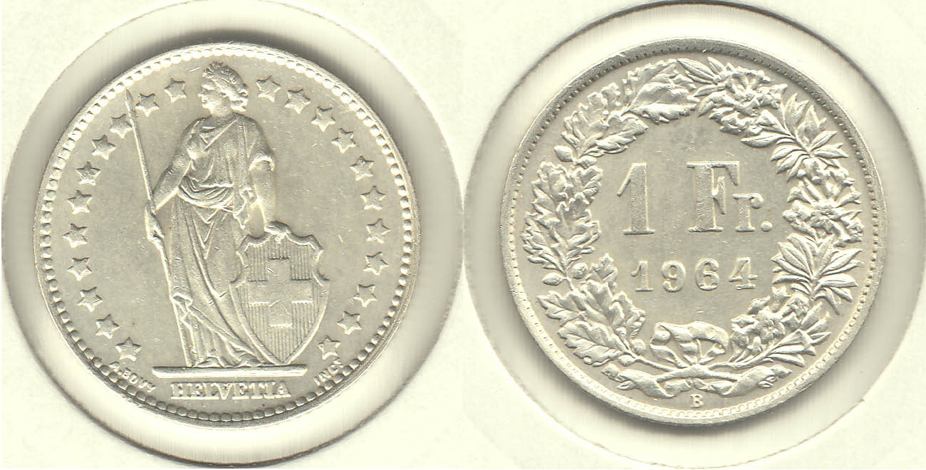 SUIZA - SWITZERLAND. 1 FRANCO (FRANC) DE 1964B. PLATA 0.835. (2)